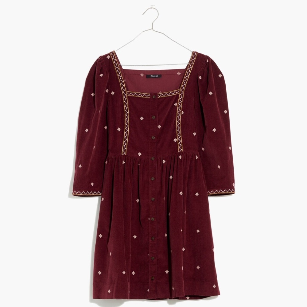 Madewell Embroidered Corduroy Button-Front Mini Dress